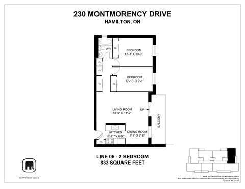 Floor plan for 2 beds, 1 bath, 833 sqft